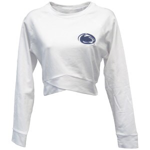 women's white long sleeve crop top with embroidered Penn State Athletic Logo